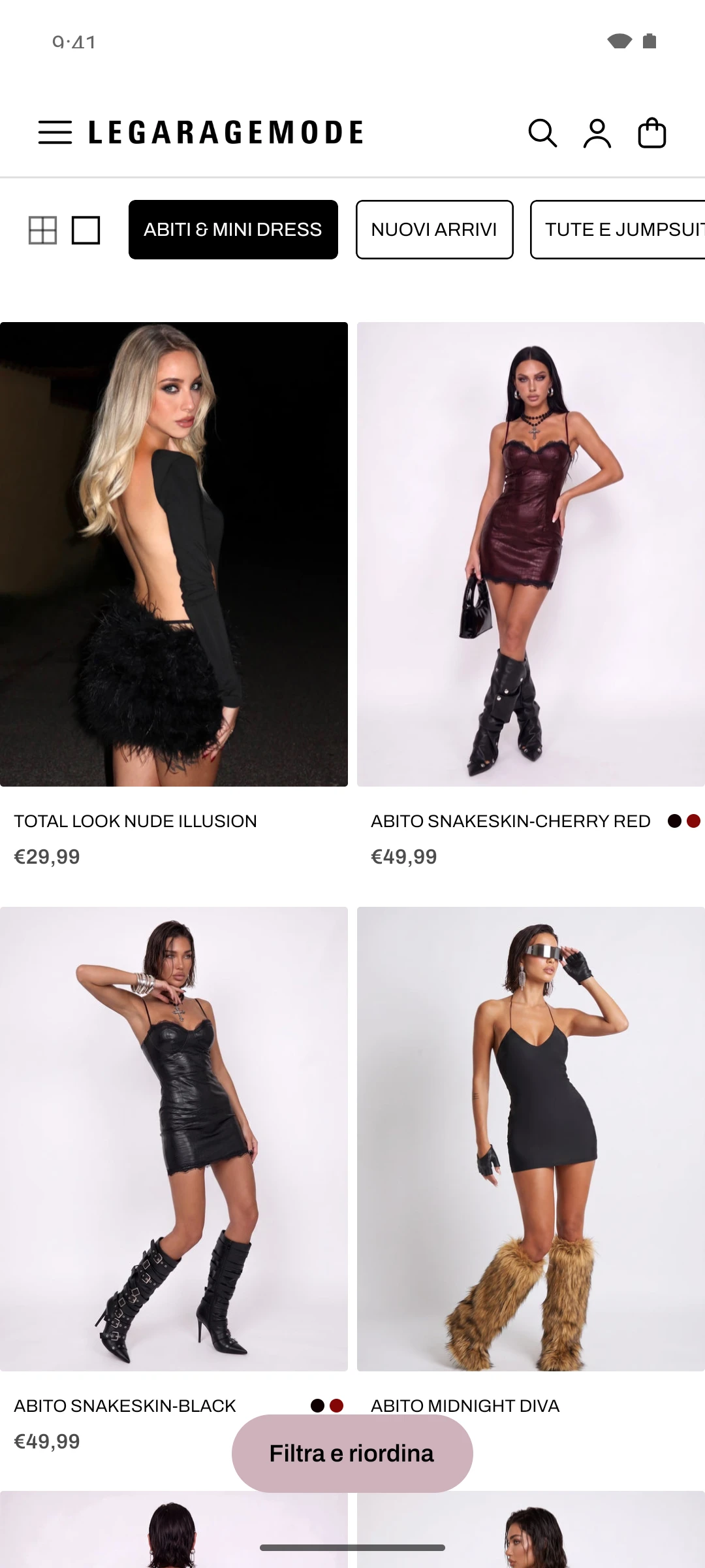Collezione Abiti e mini dress: griglia a due colonne con filtri